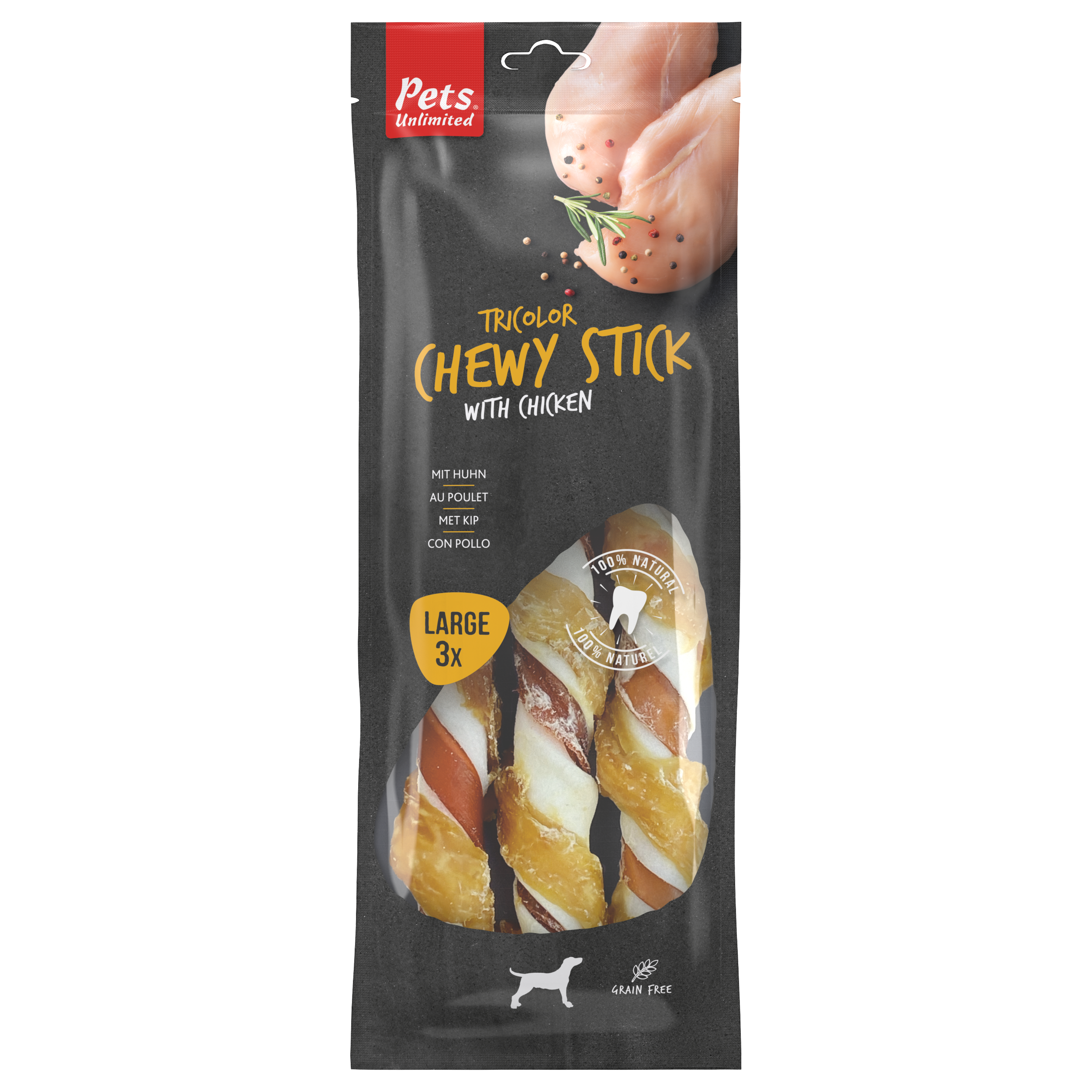 Triocolor chewing sticks with chicken large, 3 pieces